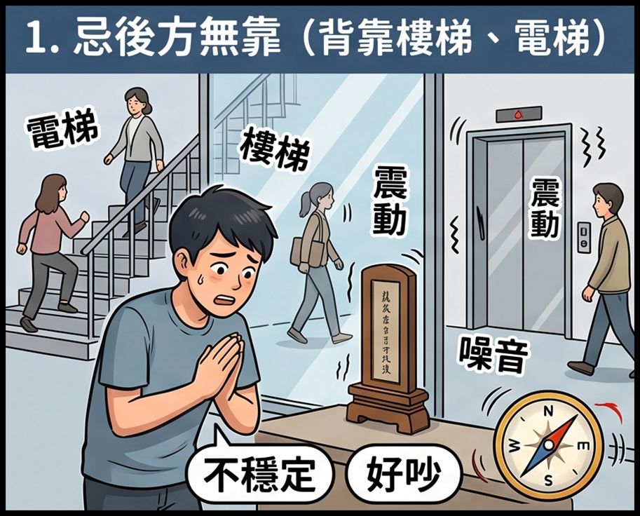 祖先牌位背後無實牆，靠近樓梯與電梯造成震動與噪音干擾