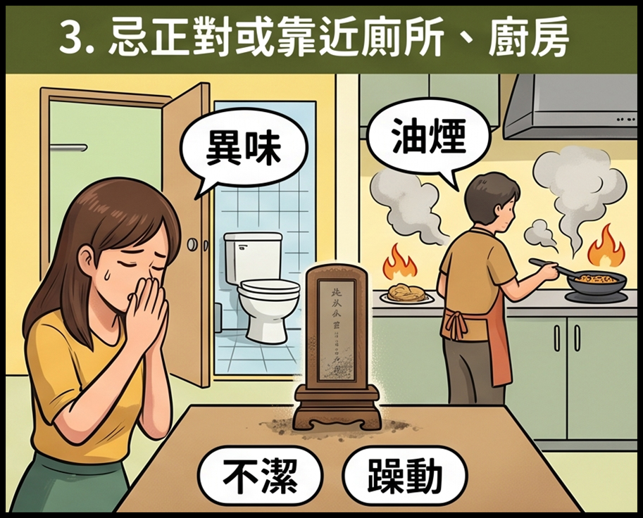 祖先牌位靠近廁所與廚房，受異味與油煙影響的擺放情境