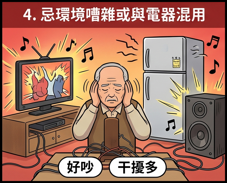 神桌與電視音響等電器混用，干擾祭祀空間的安靜與穩定