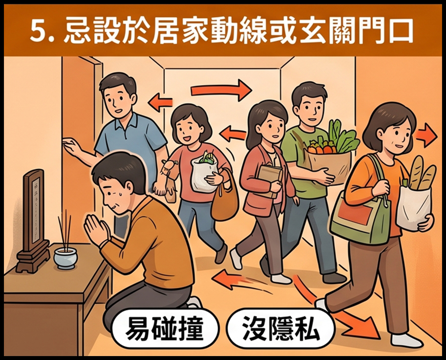 祖先牌位設在居家動線與出入口，容易碰撞且缺乏安定感