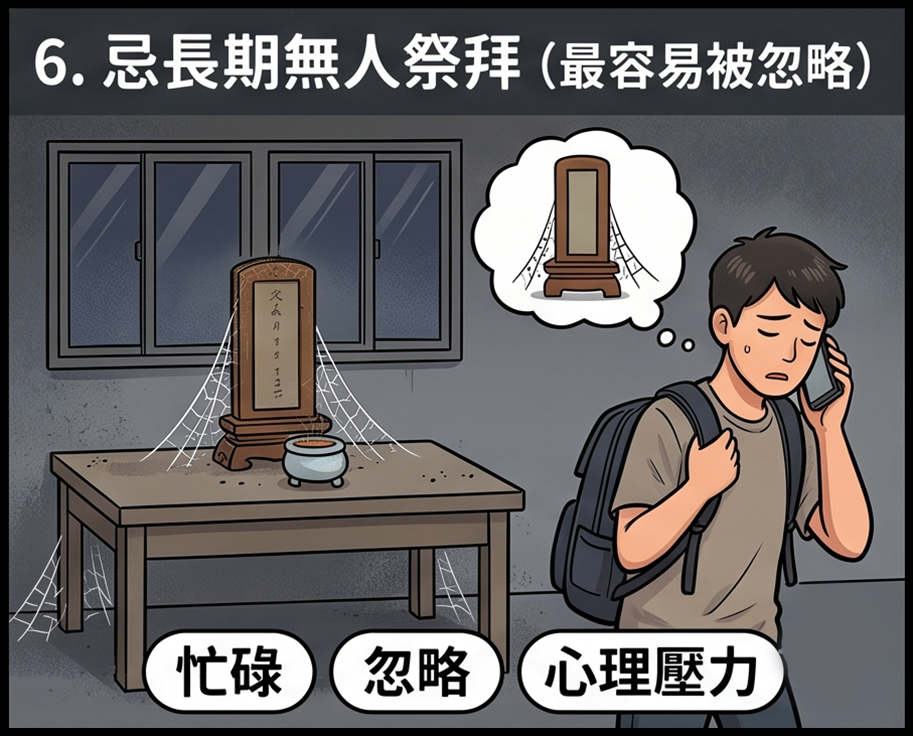 祖先牌位長期無人祭拜，空間冷清並產生心理壓力的情境