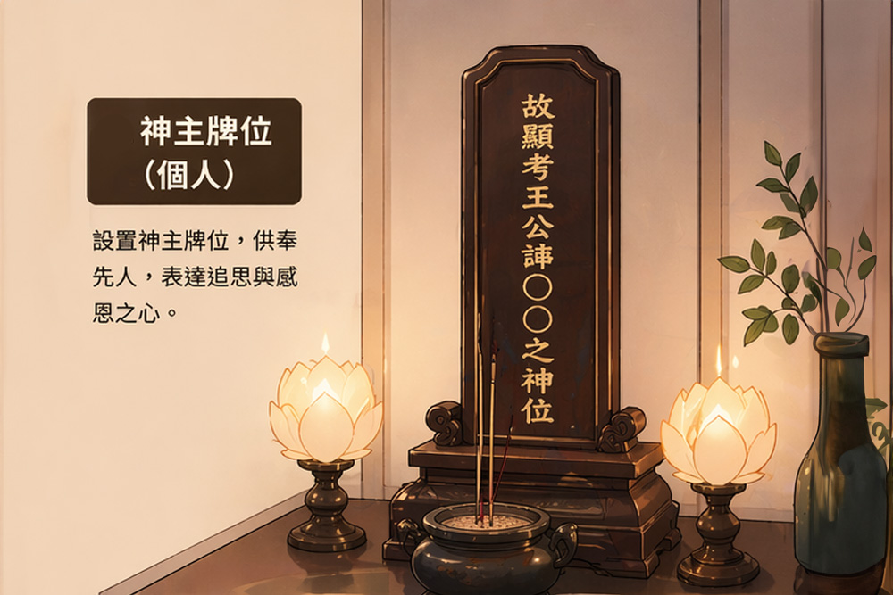神主牌位示意，單一往生者靈位與香爐的祭拜空間