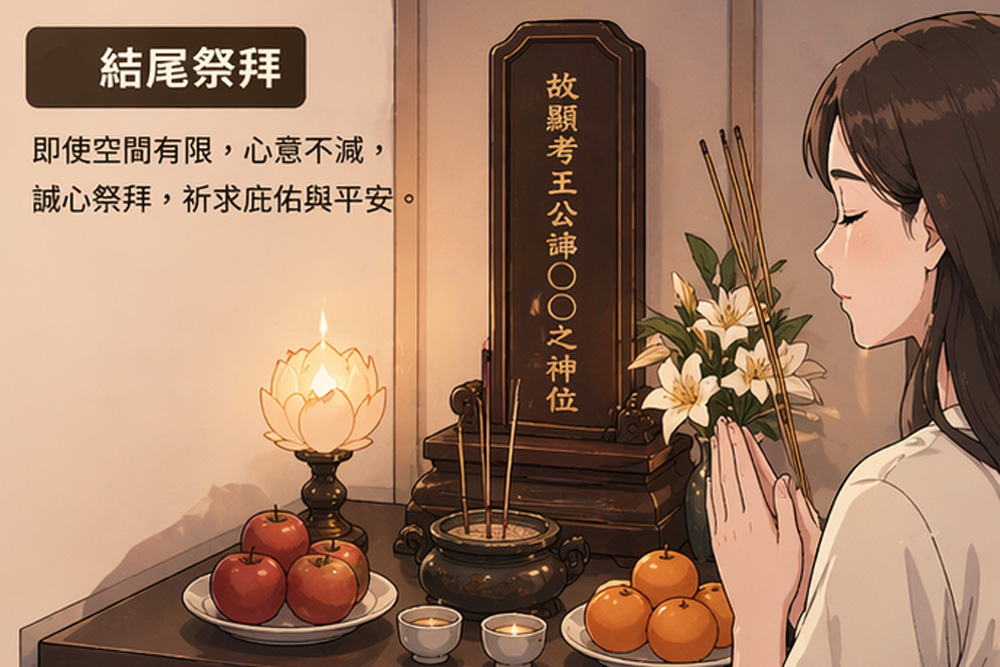 長輩在家中祭拜祖先的畫面，呈現長期祭祀與心意延續