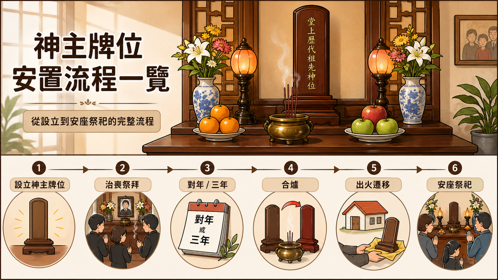 神主牌位安置流程一覽，從設立神主牌位、治喪祭拜、對年/三年、合爐、出火遷移、到安座祭祀