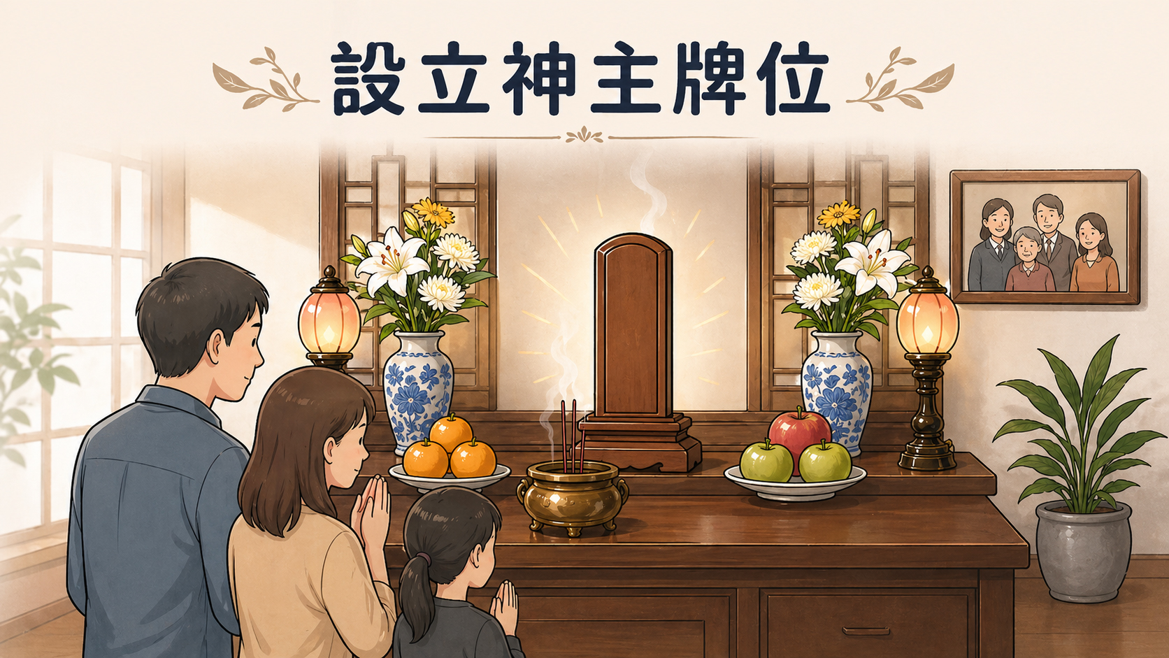 家屬準備供品並設立神主牌位，呈現親人過世初期的安奉流程