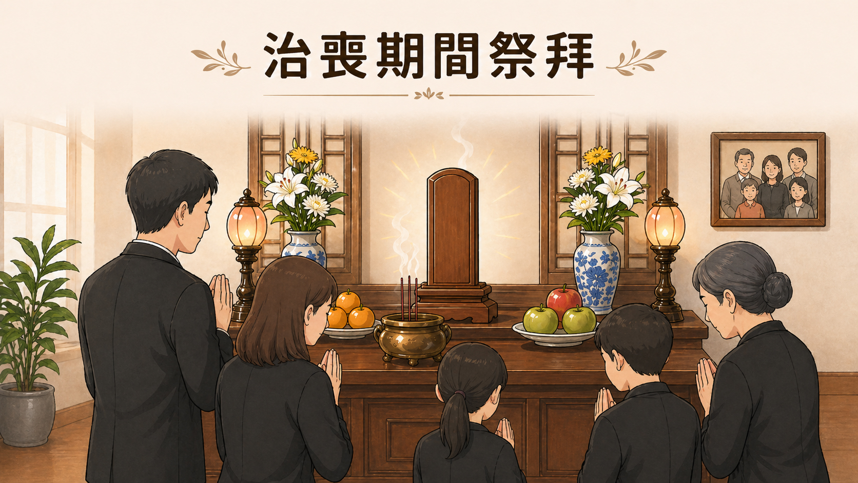 家屬於治喪期間在神主牌位前祭拜，表達對往生親人的追思