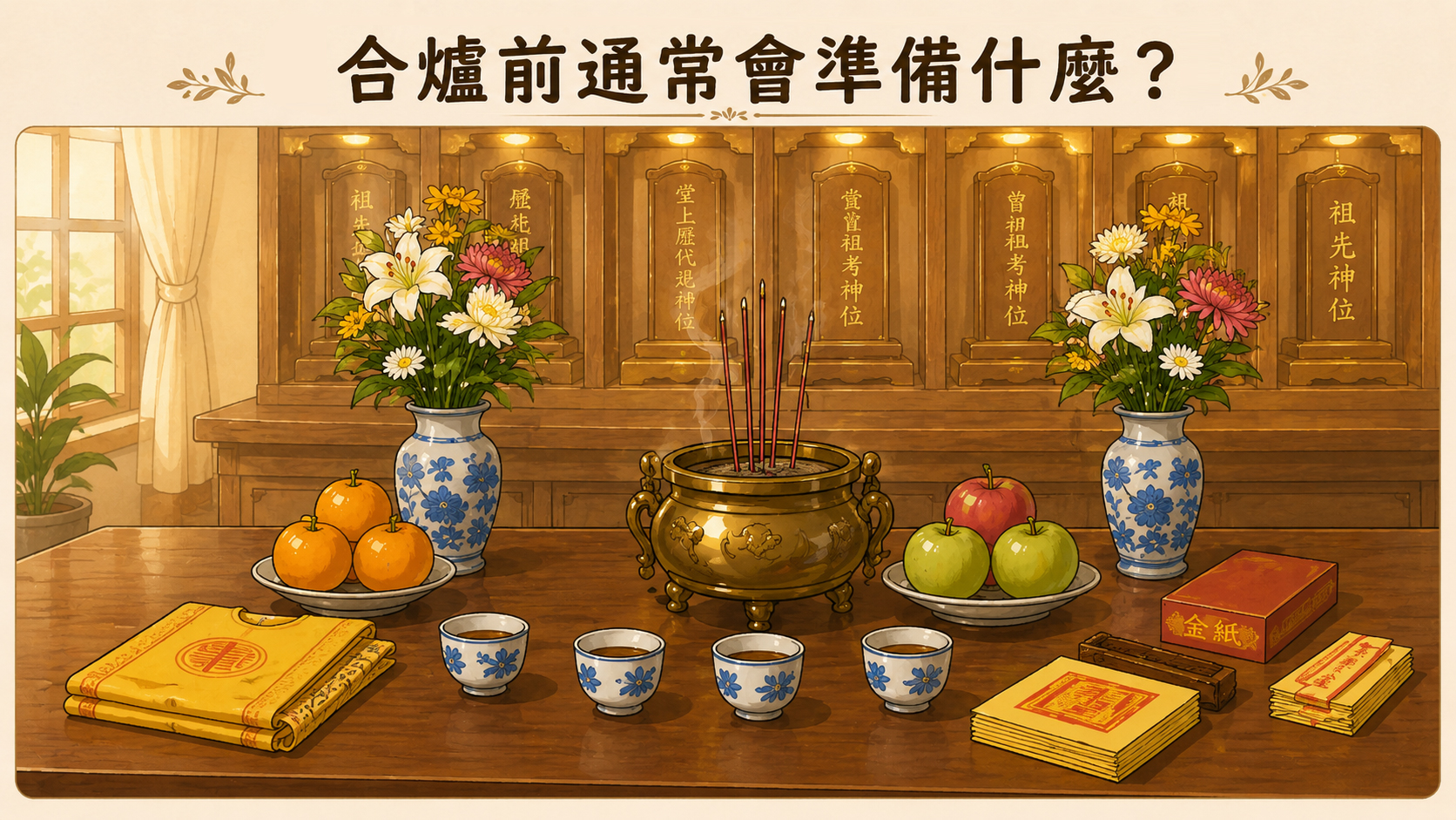 合爐前準備鮮花水果、清茶、香爐與祭祀供品