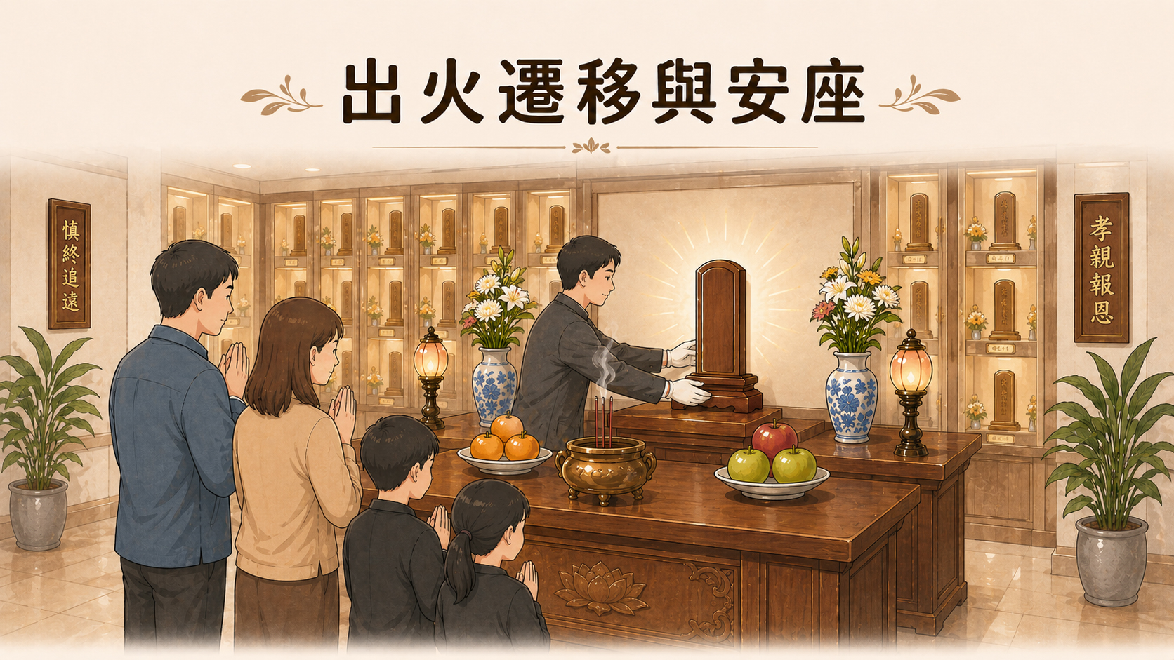禮儀人員協助將祖先牌位遷移至生命紀念館，完成出火與安座流程