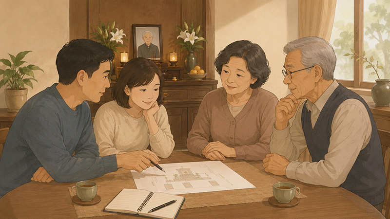 家人一起討論祖先牌位安奉與祭祀安排