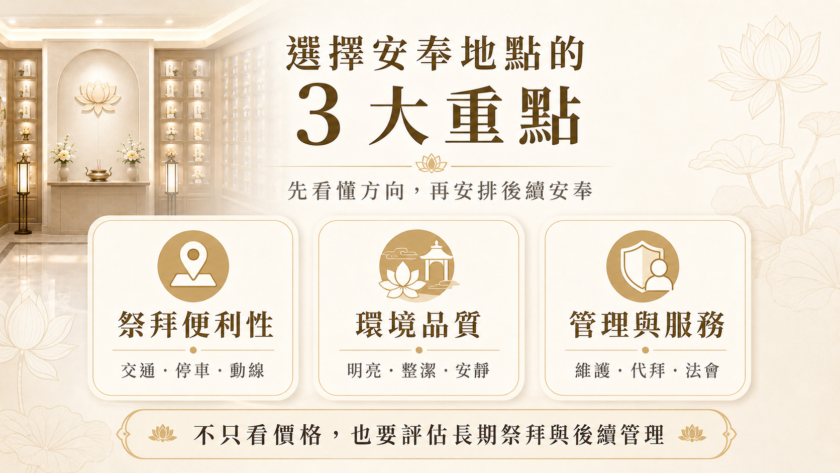 選擇骨灰安奉地點需考量祭拜便利性、環境品質與管理服務