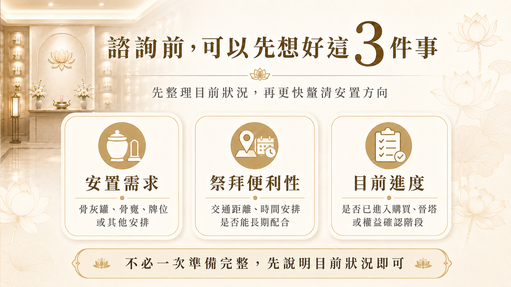諮詢納骨塔與塔位前，先確認安置需求、祭拜安排與目前進度