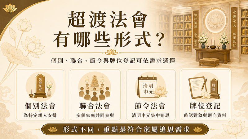 超渡法會常見形式整理，包含個別法會、聯合法會、節令法會與牌位登記